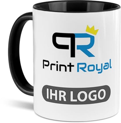Tassendruck Firmen-Tassen 12 Stück mit eigenem Logo gestalten - Geschenke zum Firmenjubiläum, für Kollegen, Merchandise, B2B | Personalisierte Fotogeschenke, Innen & Henkel Schwarz, 300 ml