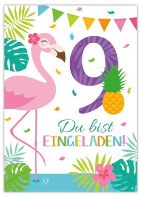 Junaversum 12 Einladungskarten zum 9. Geburtstag Kinder neunte Kindergeburtstag Mädchen Flamingo