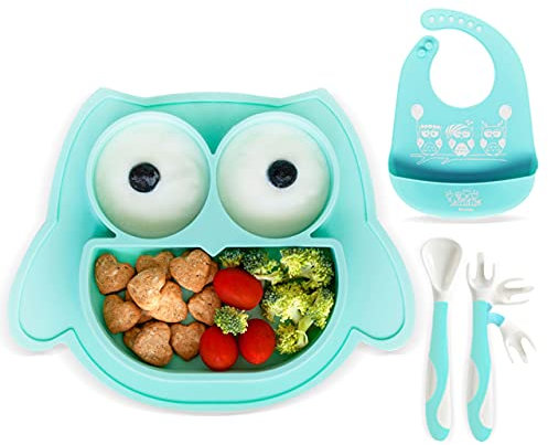 BRUNOKO Plato para bebé con ventosa Set de vajilla infantil que incluye plato con ventosa para bebé, cuchara de silicona y babero de silicona, 3 en 1 - Utensilios de aprendizaje BLW para bebés