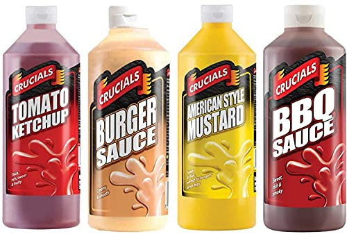 Tea Time Favourites Table Sauces and Condiments Set - Tomato Ketchup, BBQ Sauce, American Style Mustard and Burger Sauce. Crucials Ultimate Selection 4 x Large 500ml Bottles
