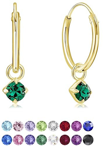 Orecchini a Cerchio Piccoli Argento 925 Placcato Oro 24K con Pendenti Brillanti Color Smeraldo - Orecchini Dorati con Brillantini Verdi Smeraldo - Cerchietto Oro 12 mm - Spessore 1.2 mm