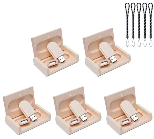 Paquete de 5 unidades de memoria USB de madera de almacenamiento USB 2.0/3.0 con caja de madera (2.0/64GB)