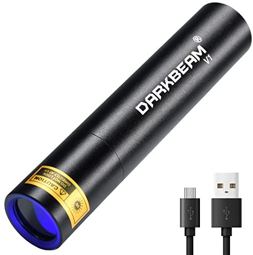 DARKBEAM Linterna UV 365nm USB Recargable V1 Lámpara de madera Torcia Luz negra, Mini LED de mano ultravioleta, Tamaño de bolsillo Resistente al agua, Detección de ropa para mascotas, Curado resina