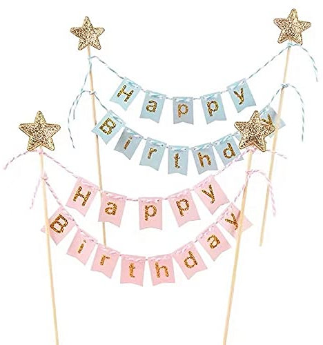 Meet-shop Kuchen Topper,Cake Topper Banner,2pcs“Happy Birthday”Geburtstags Kuchen Dekoration für Torten Cupcake Kindergeburtstag Party Pink Blau