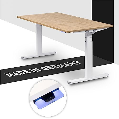 boho office® Höhenverstellbarer Schreibtisch 160 x 80 cm - Made in Germany, Elektrisch stufenlos, 2 Motoren, 3-Fach Teleskop, Kollisionsschutz - Premium Line Weiß inkl. Tischplatte in Wildeiche