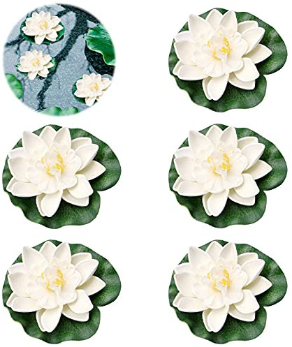 SHOWHEEL 5 Stück Schwimmende Blumen,Künstliche Seerosen,Seerose Lotusblüte,Schwimmende Blumen,schwimmend Lotusblüten,Lotusblüte Wasserlilie,Seerose,Wasserlilie Schwimmende TeichDekoratio (weiß)