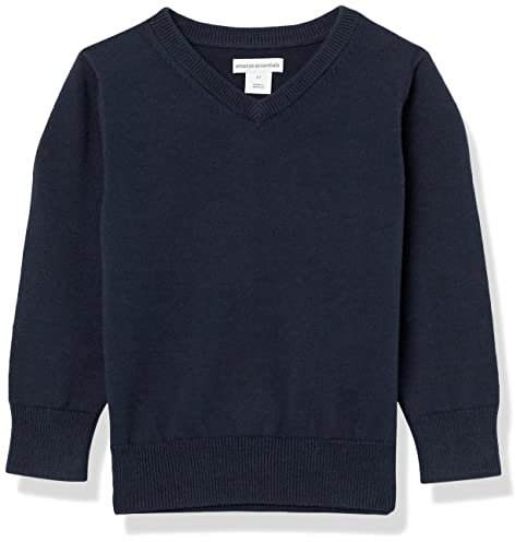 Amazon Essentials Maglione con Scollo a v in Cotone in Stile Uniforme Unisex Bambini e Ragazzi, Blu Marino Puntinato, 6-7 Anni