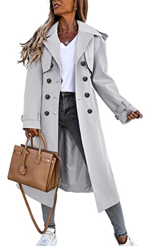 Fisoew Zweireihiger langer Damen-Trenchcoat, winddicht, klassischer Revers, Gürtel, Übermantel mit Taschen