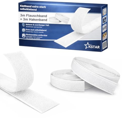 Kstar Klettband Selbstklebend Extra Stark – Klettverschluss zum Kleben Weiß – Hakenband & Flauschband Set – Klett Klebeband – Profi Qualität – 16mm x 3m