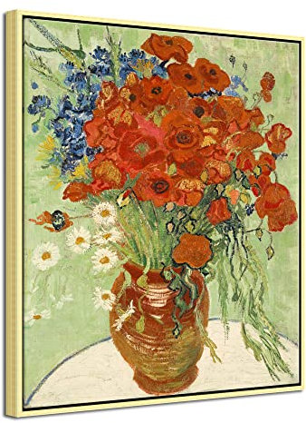 Wieco Art Großer Kunstdruck auf Leinwand, Mohnblumen und Gänseblümchen, mit Goldrahmen, klassische Blumen, Kunstwerk, Bilder auf Leinwand, Wandkunst für Zuhause, Büro, Dekorationen