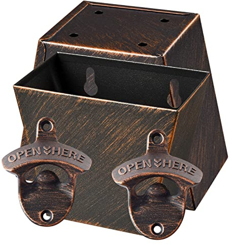 HAIICEN Antique Copper Beer Soda Bottle Opener Wall Mounted with Cap Catcher Bucket Drainage Outdoor (Pack of 2)