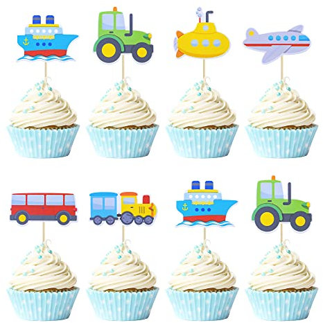 Gyufise 32Pcs Transportation Cupcake Toppers Car Truck Train Airplane Ship Party Cake Toppers Picks for Kids Birthday Baby Shower Party Decorations Supplies