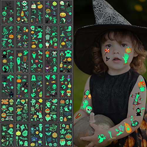 Halloween Tattoo Leuchtend, 30 Blatt Leuchttattoos Kinder, Tatoos Aufkleben Kids Geschenke für Kinder, Aufkleber Gesicht für Halloween Mitgebsel