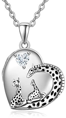 PRAYMOS Medaillon Silber 925 zum öffnen Halskette für Frauen 925er Sterlingsilber Giraffen Herz Anhänger Foto Halskette mit Bild Schmuck Geschenke für Frauen Mädchen Tochter