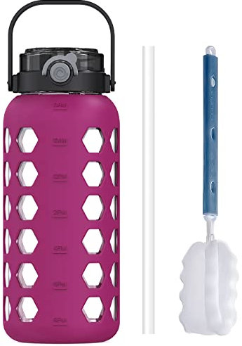 MUKOKO Bouteilles d'eau en verre de 1,8 l avec paille et couvercle, carafe à eau motivante avec rappel de marqueur de temps et manchon en silicone, 100 % étanche, sans BPA, grande bouteille de sport -