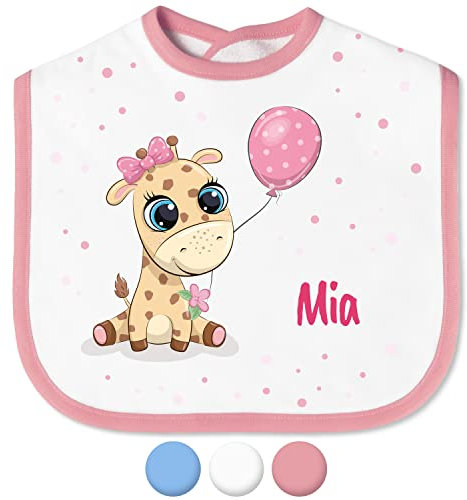 Babylätzchen mit Namen für Mädchen & Jungen – Lätzchen für Baby & Kleinkind personalisiert - mit Klettverschluss – Spucktuch Latz Kinderlätzchen - Geschenk für Kleinkinder (Giraffe, Schleife, Rosa)