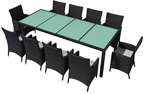 Yolola Polyrattan Gartenmöbel Set Rattan Essgruppe 10 Personen Gartenmöbel Essgruppe mit Auflagen Sitzgruppe Garten 11-TLG. Gartengarnitur Terrassenmöbel Schwarz und Weiß