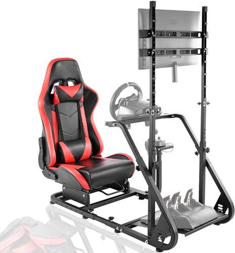 Minneer R37 Racing Simulator Cockpit with Monitor Stand fit for Logitech G25 G27 G29 G920 T500 FANTEC T3PA/TGT Alloy Steel, Racing wheel,Steering stand, Not Include Wheel Pedal and Handbrake(Red)