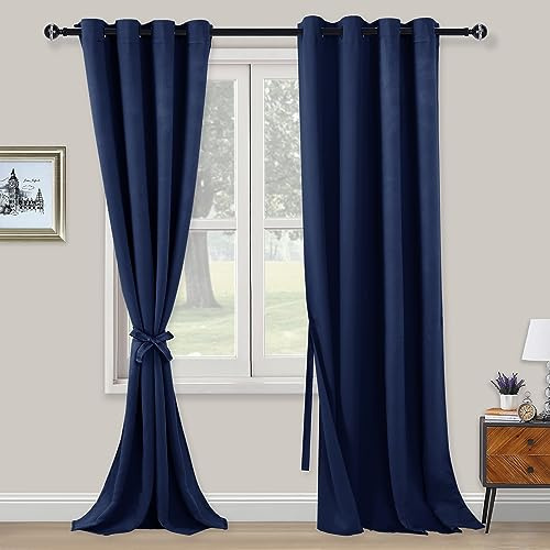 XWZO Blickdichte Vorhänge Verdunklungsvorhänge mit Ösen 2 Stücke Gardienen mit Raffhalter Lichtundurchlässige Vorhänge für Schlafzimmer,WonhzimmerBüro, 260x140 cm, Dunkelblau