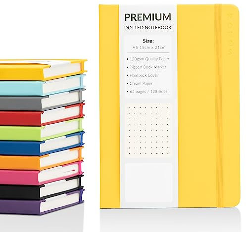 evelay Bullet Journal A5 gepunktetes Notizbuch mit Kunstleder-Einband und hochwertigem 120 g/m² dickem Punktrasterpapier (128 cremefarbene Seiten, Gelb)