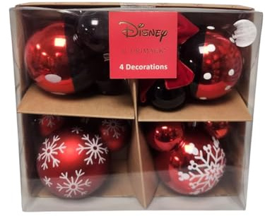 Mickey & Minnie Mouse Bauble Pack Of 4 Red Black Christmas Tree Ornaments Holidays Parties Decoration Fun Balls Reusable Lightweight Durable Gift Idea