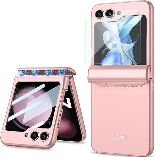 SOUTEM Custodia per Samsung Galaxy Z Flip 5 Integrata Proteggi Schermo Esterno e Cerniera Magnetica, Ultra Sottile Resistente Antiurto Antigraffio Cover Protettiva per Samsung Z Flip 5 5G(Rosa)