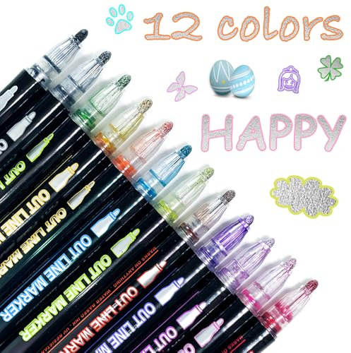 LYINUR Glitter Pens, 12 Colours Double Line Outline Glitter Gel Pens, Metallic Marker Pen for Colouring DIY Painting Doodle, Stocking Stuffers for Christmas Presents Eve Box Stocking Fillers