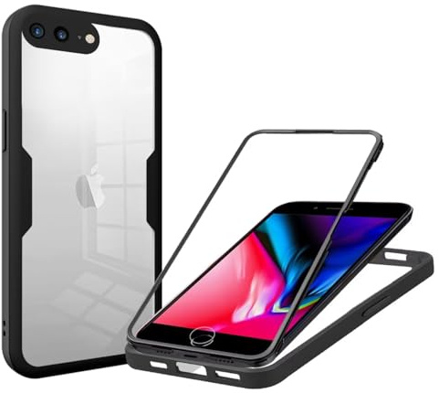 Beajew Kompatibel mit iPhone 7 Plus/iPhone 8 Plus Hülle, 360 Grad Robust Stoßfest Schutzhülle mit Eingebautem Displayschutz, Transparent Panzerhülle Handyhülle, Schwarz