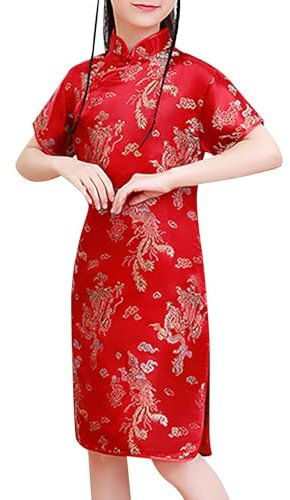 YCBMINGCAN Tout-petits, tout-petits, grands enfants, manches courtes, col montant, boucle dorée, cheongsam chinois, robe de Nouvel An, robe de vacances à carreaux, rouge, 7-8 ans
