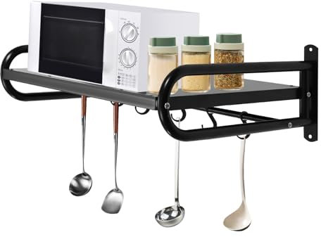 KEESUNG Mikrowellen-Wandregal, 6 Häkchen Mikrowellenhalter Edelstahl Mikrowelle Regal Wand Montiert Speicher Regal Kochgeschirr Pfanne Topf Organizer Rack Küche Rechteckig Mikrowellenhalterung