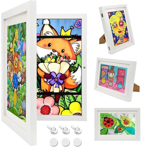 WIOONI 2 Stück Bilderrahmen Kinderzeichnungen A4, Frontöffnungs Fotorahmen aus Holz mit Aufklappbar Mit Wand & Standfunktion, Ideal für Kinderzeichnungen/Kunstwerken, Schule, Zuhause (Schwarze)
