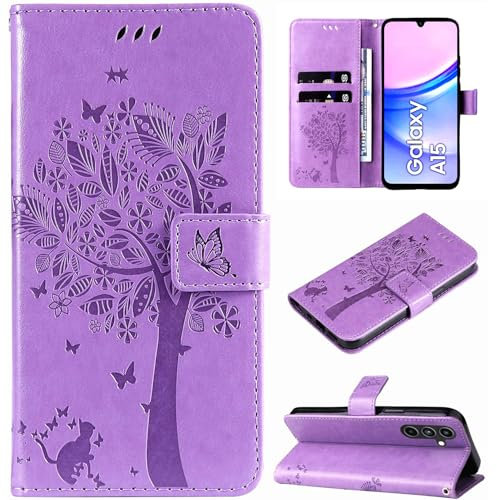 Hancda Case for Samsung Galaxy A15 5G/4G, Leather Case Wallet Flip Cover with Card Holder Slot Design Pattern Magnetic Stand Strap Shockproof Phone Case Cover for Samsung Galaxy A15 5G/4G,Purple