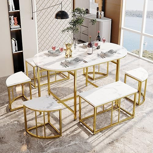 HAUSPROFI Esstisch mit 6 stühlen, Platzsparend Essgruppen 140x70x76cm, Esszimmertische mit 6 Hockers, Modern Küchentisch Esstisch Esszimmerstühle, Stahlrahmen Esszimmermöbel Set(Gold)