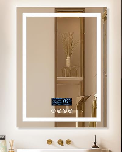 LUVODI Badspiegel mit Bluetooth Lautsprecher: 80x60 cm LED Spiegel mit Hintergrundbeleuchtung und Frontbeleuchtung, 4 Touch-Schalter, Dimmbar, 3 Lichtfarbe Einstellbar, Beschlagfrei Spiegel