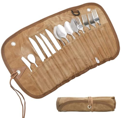 Ensemble de couverts de camping, couverts de voyage avec sac de rangement, fourchettes et cuillères 14 pièces, sac à couverts d'extérieur, portable, set de couverts de camping réutilisable pour