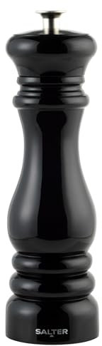 Salter Chester Single Salt & Pepper Mill – Adjustable Ceramic Grind, Fine to Coarse Grinding, Refillable, Extra Cap Included, Can Be Used for Salt Or Pepper, Twist to Grind, High Gloss Acrylic, Black