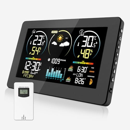 Stazione Meteo con Sensore Interno Esterno Termometro Senza Fili con Orologio Atomico Digitale Monitoraggio Temperatura/Umidità per Interni ed Esterni Previsioni del Tempo