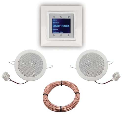 BERKER Unterputz DAB+ und Bluetooth Radio 30848989 polarweiß glänzend mit 1fach Rahmen Berker + 2 x Deckenlausprecher Einbaulautsprecher + 20 Meter EBROM Lautsprecherkabel
