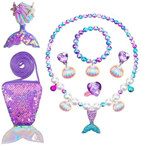 agogue 7 Stück Meerjungfrau Schmuck,Meerjungfrau Mädchen Tasche Halskette Ohrringe Armband Ringe Haarspange,Kinderschmuck Meerjungfrauen Schmuck Mädchen MeerjungfraAccessoires für Party Dress Up Ges