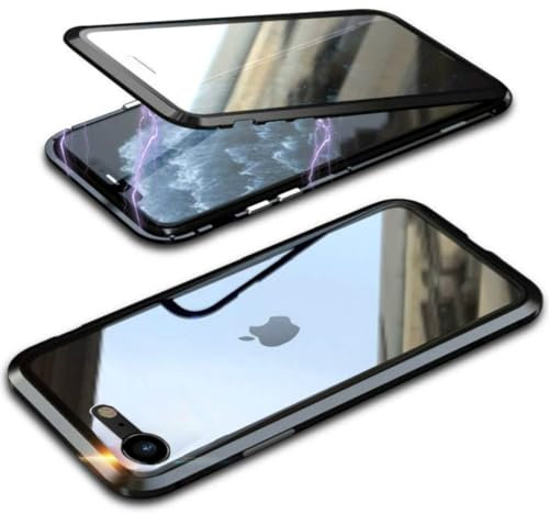 MIMGOAL Metall-Handyhülle für iPhone 16e Hülle,Magnetische Adsorption Metallrahmen 360 Grad Full Body Handyhülle Vorne hinten Gehärtetes Glas Schutzhülle Einteiliges Dünn Transparente Cover,Schwarz