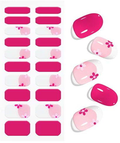 JMEOWIO Gel Nail Stickers Pink Flower French Tip Semi Cured Gel Nail Strips Wraps UV/LED Nails Art Design Decoration Accessories
