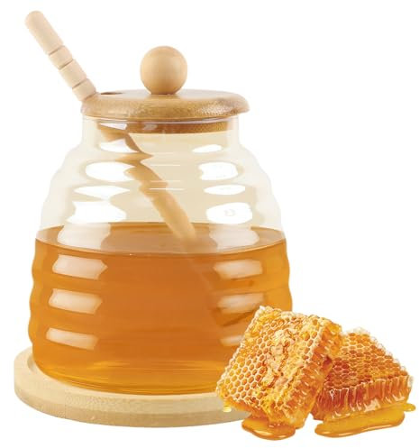 Dzmuero Pot a Miel, 480ML Pot de Miel avec Cuillere en Bois, Distributeur de Miel, Récipient en Verre Scellé, Pot à Miel à Large Ouverture pour le rangement de la cuisine (Brun4)