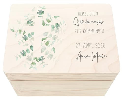 Erinnerungsbox Kommunion Erinnerungskiste Erstkommunion Geschenk Mädchen Junge personalisierte Holzkiste mit Deckel Holzbox 30x20x13 cm