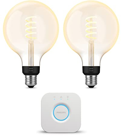 Philips Hue Starterpaket - E27 - mit 2 Filament Globe Lampen Groß (G125) - Warm bis Kaltweißes Licht - inkl. 1 Hue Bridge - Hue White Ambiance Filament