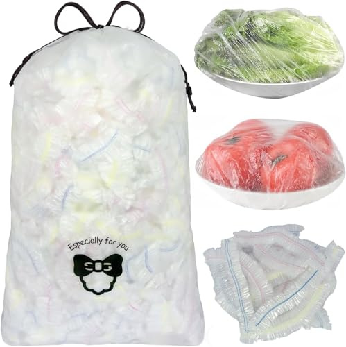 500 pièces Film alimentaire avec élastique, housses pour aliments Sacs alimentaires élastiques Sacs de conservation Sacs de conservation réutilisables (M-couleur)
