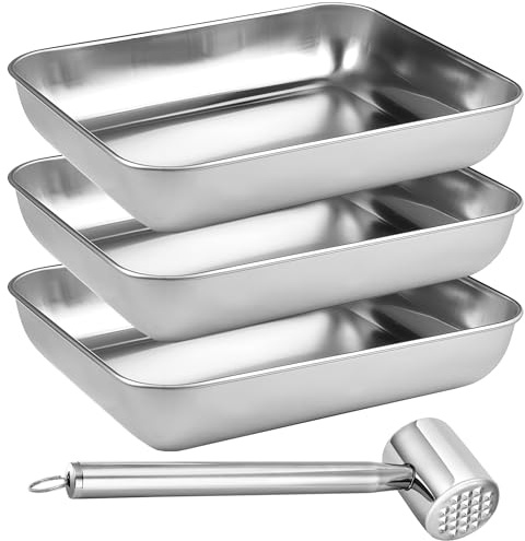 VIVIIHOO Set 3 Pezzi Vassoi per Pangrattato con Inteneritore Carne, Acciaio Inossidabile 25x19x5 cm, per Schnitzel, Pesce e Verdure