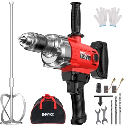 IMAYCC 2-in-1 Bohren Rührwerk Set, Tragbarer Betonmischer 2500W 15A für Bohren und Mischen, Variabler Geschwindigkeit Betonschlamm Mixer, Ideal für Futtermittel, Putz, Farbe, Zement(Rot-Schwarz)
