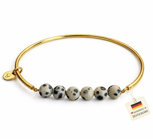 happymaker - Edelstein Armreifen, elastischer Edelstahl Armreif Gold Damen mit Edelstein Perlen, handgefertigt in Deutschland