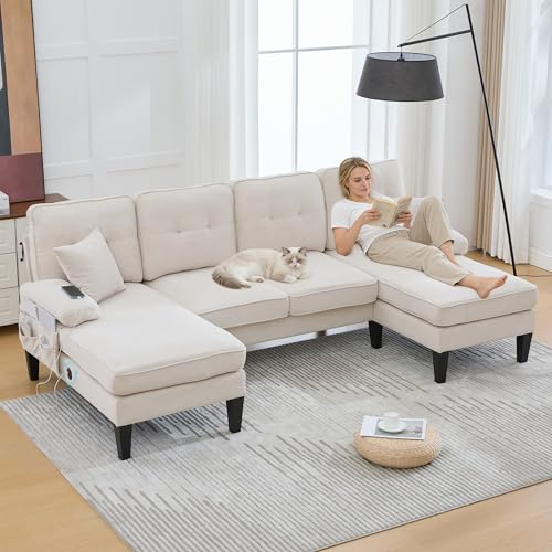 Rosebibi Großes U-förmiges 4-Sitzer Sofa aus weichem Leinenstoff, Moderne Rückenlehne,mit Zwei Chaise-Lounges,stabile Füße und kuschelige Sitzkissen mit Dekokissen (Beige, Leinenstoff)