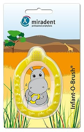 miradent Infant-O-Brush Lernzahnbürste gelb 1 Stück | mit super weichem Borstenfeld | ab dem 3. Monat | Beißring & Griff mit speziellen Noppen für Zahndurchbruch | Verschlucken unmöglich